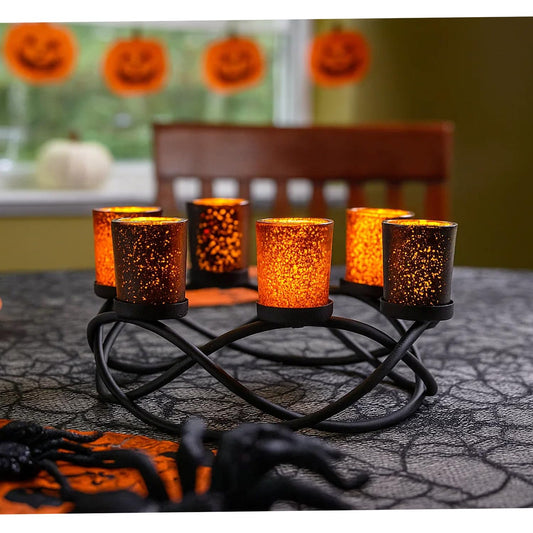 Seraphic Halloween Centerpiece Table Decor Candle Holder for Kitchen, Dining Room, and Coffee Tables, Glass Votive Tealight Holders, Black, 6 Black/Orange Cups
