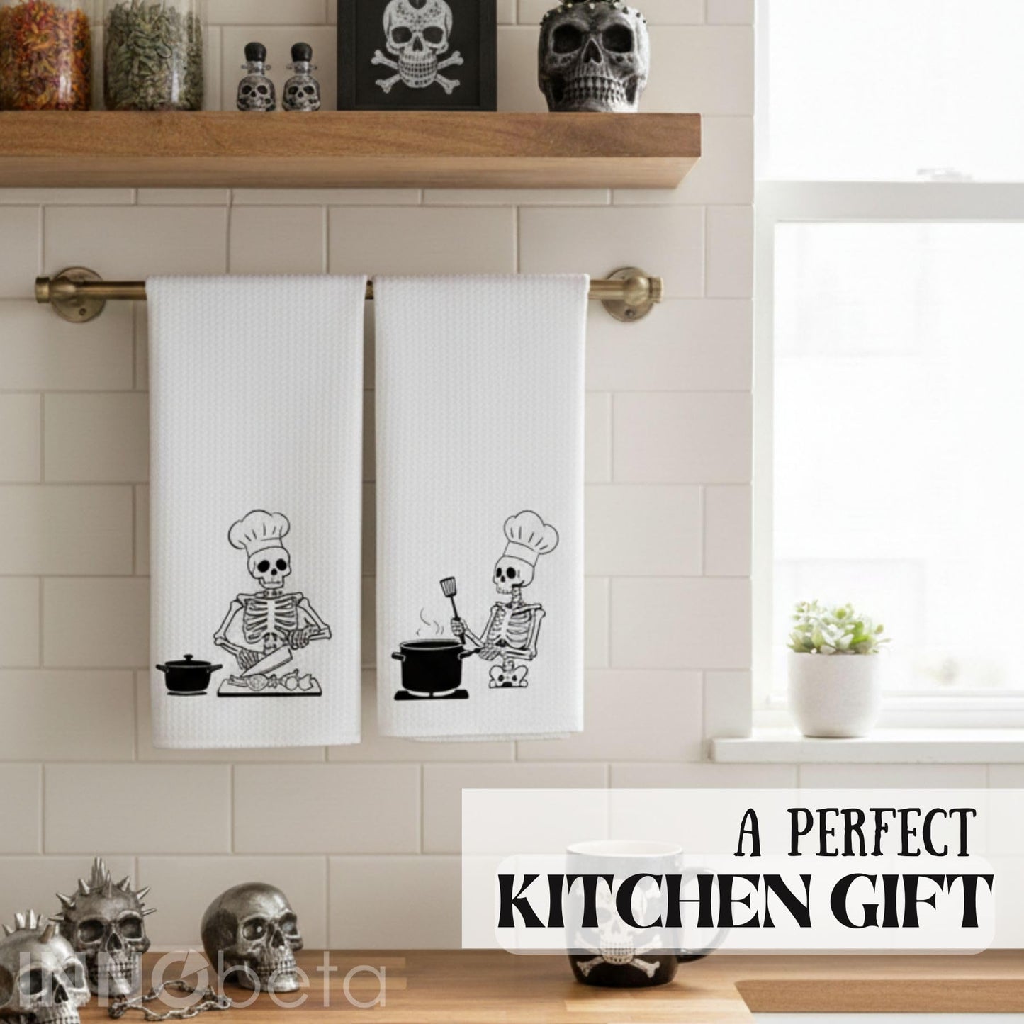 InnoBeta Skull Gifts for Women, Hand Towel Gifts for Skull Lovers, Kitchen Towel Set, Soft Waffle-Knit, 16x24 Inches Microfiber Dish Tea Towel, 2 Pack