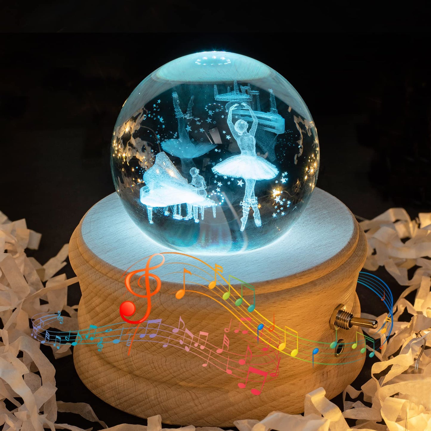 Music Box, 3D Crystal Ball Music Box with RGB Light Projection, 360 Rotating Wooden Base Night Light, Best Gift for Valentine's Day Birthday Girls Boys Women Mom, Room Decor