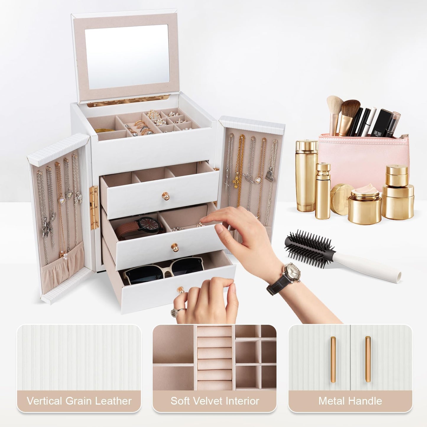 Dajasan Large Jewelry Box Organizer, Jewelry Storage Organizer with 3 Drawers, Huge Jewelry Box with Mirror for Women Girls, Double Door, Textured PU Leather, Gift Idea, Stylish (White + Gold)