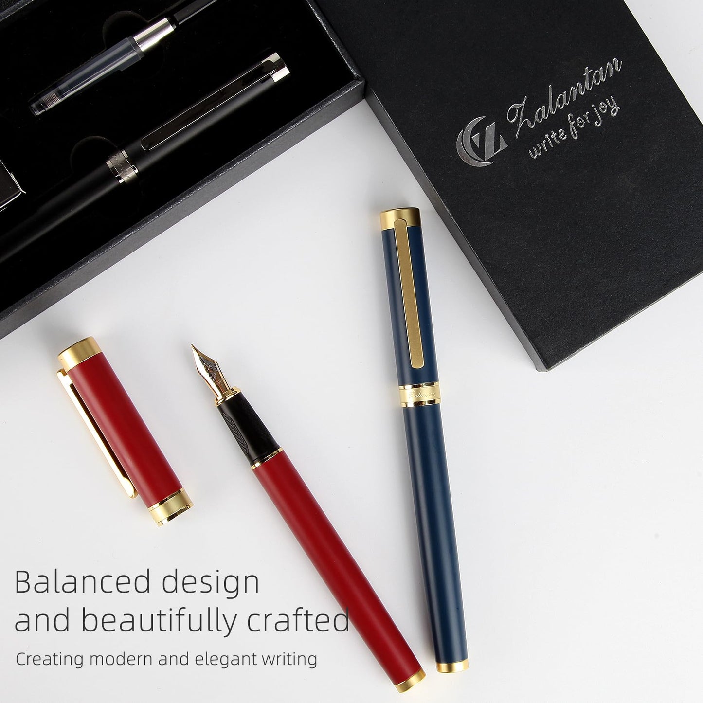 Zalantan Fountain pen, Stunning luxury pen, Nice pen gift, pure copper heavy feel Office Executive Pen Smooth Writing Pens for Men Funcy Pens with Gift Case 10 black cartridges (Red)