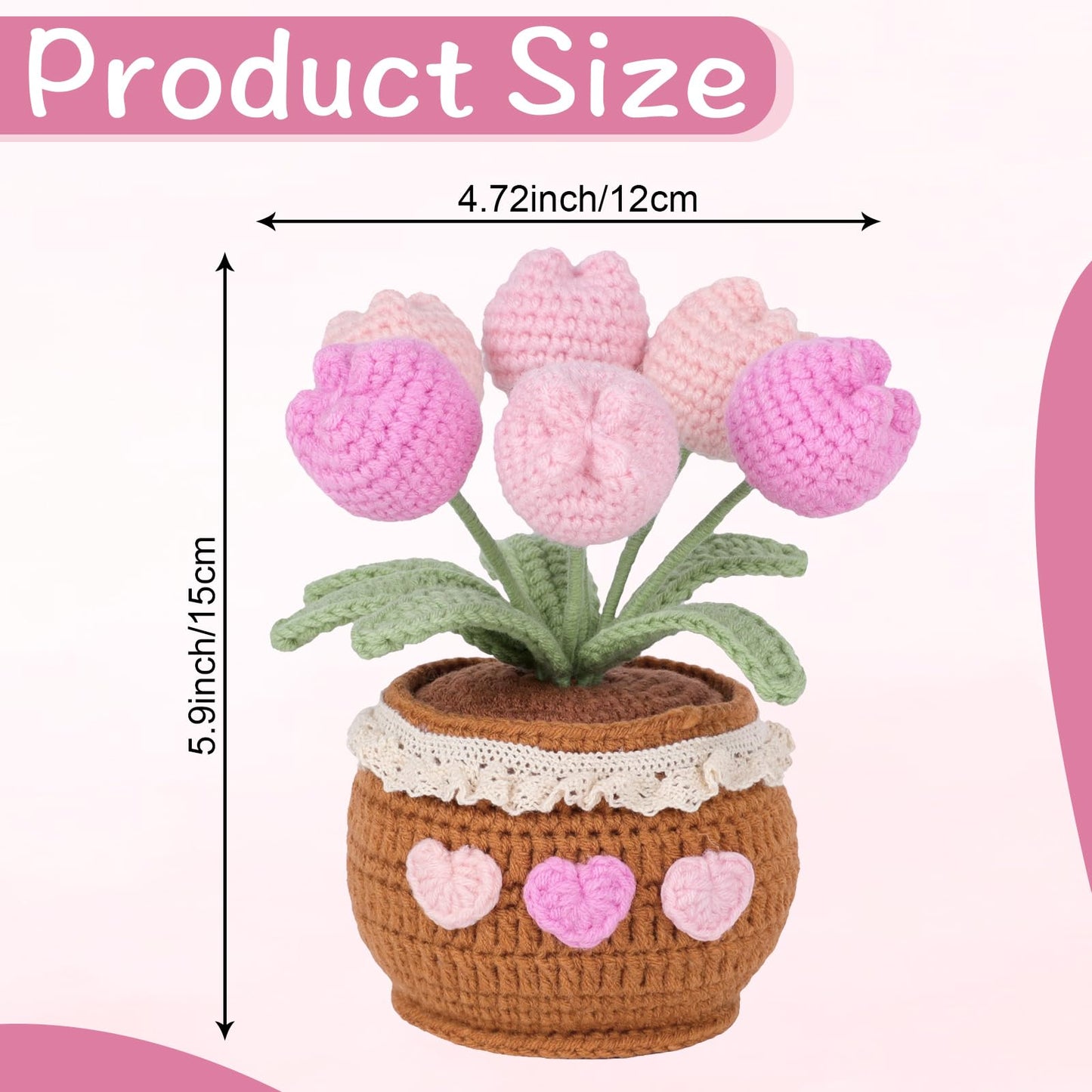 Lovmeety Handmade Potted Crochet Tulip Bouquet, Blush Pink Crocheted Tulips Hand Woven Flowers Knitted Flowers in Exquisite Pot Gift for Women Friends Kids for Home Desk Decor