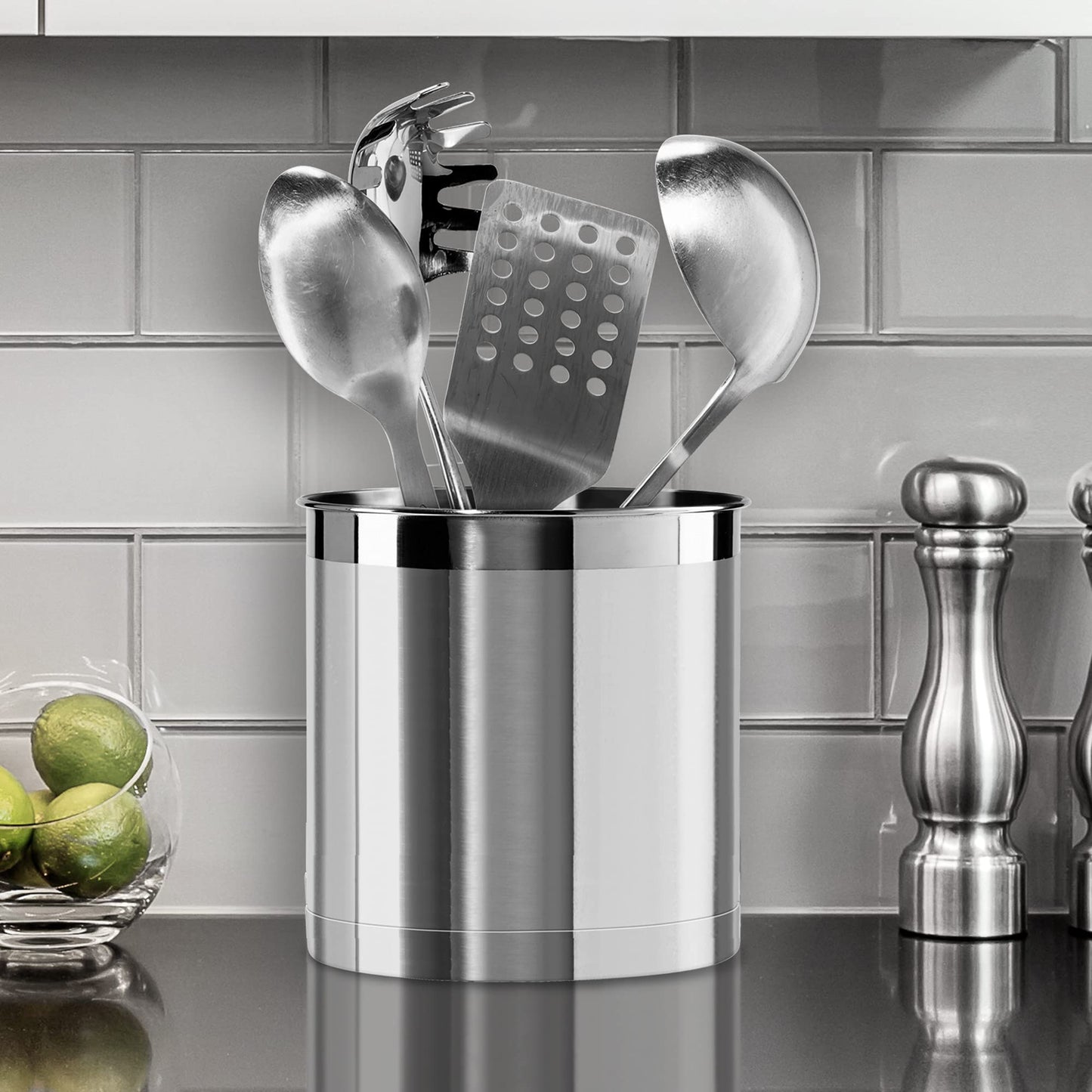 Oggi Stainless Steel Jumbo Utensil Holder - 7" Utensil Caddy, Weighted Base for Stability - Extra Large Utensil Crock and Countertop Utensil Organizer, Stainless Steel