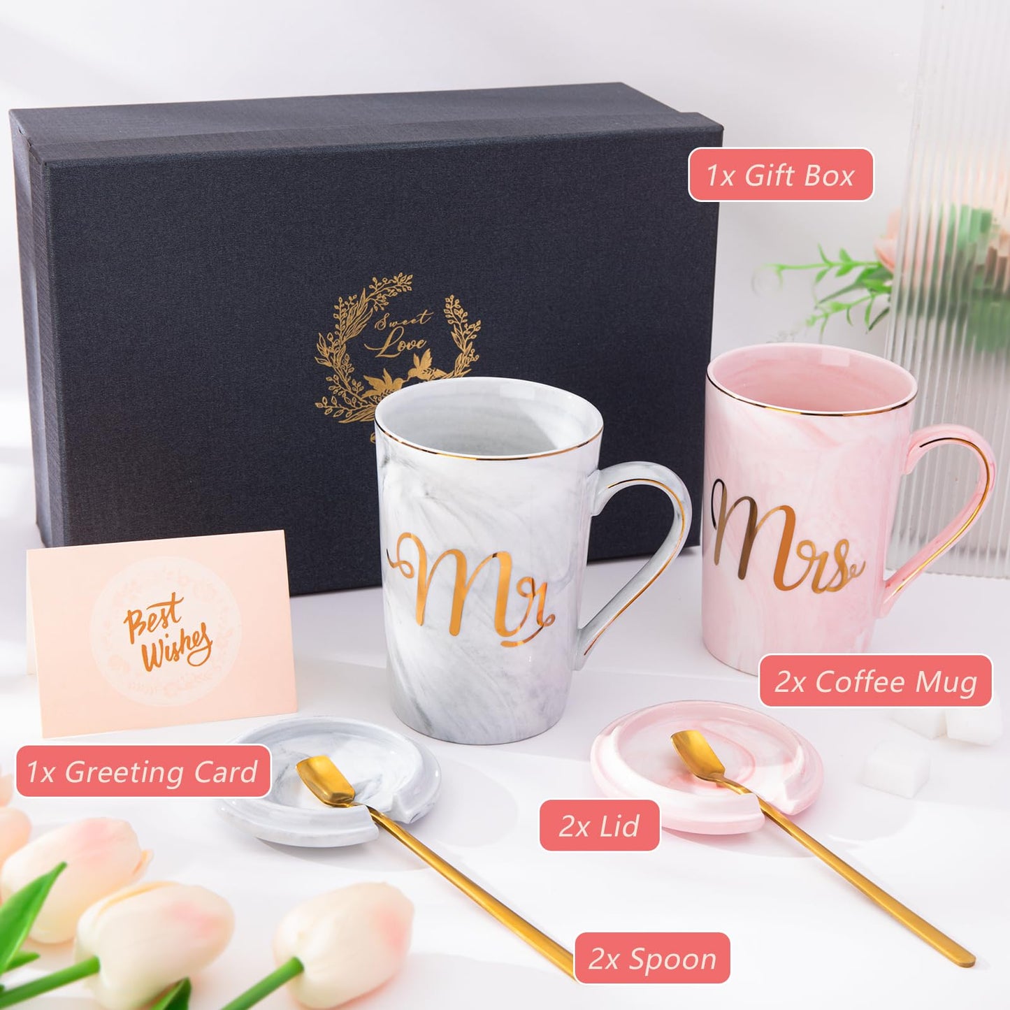 Biching Wedding Gifts for Couples 2026, Gifts for Bridal Shower Engagement Bride and Groom Anniversary, 14oz Ceramic Marble Mr and Mrs Mugs Set with Real Gold Foil, Greeting Card, Luxury Gift Box