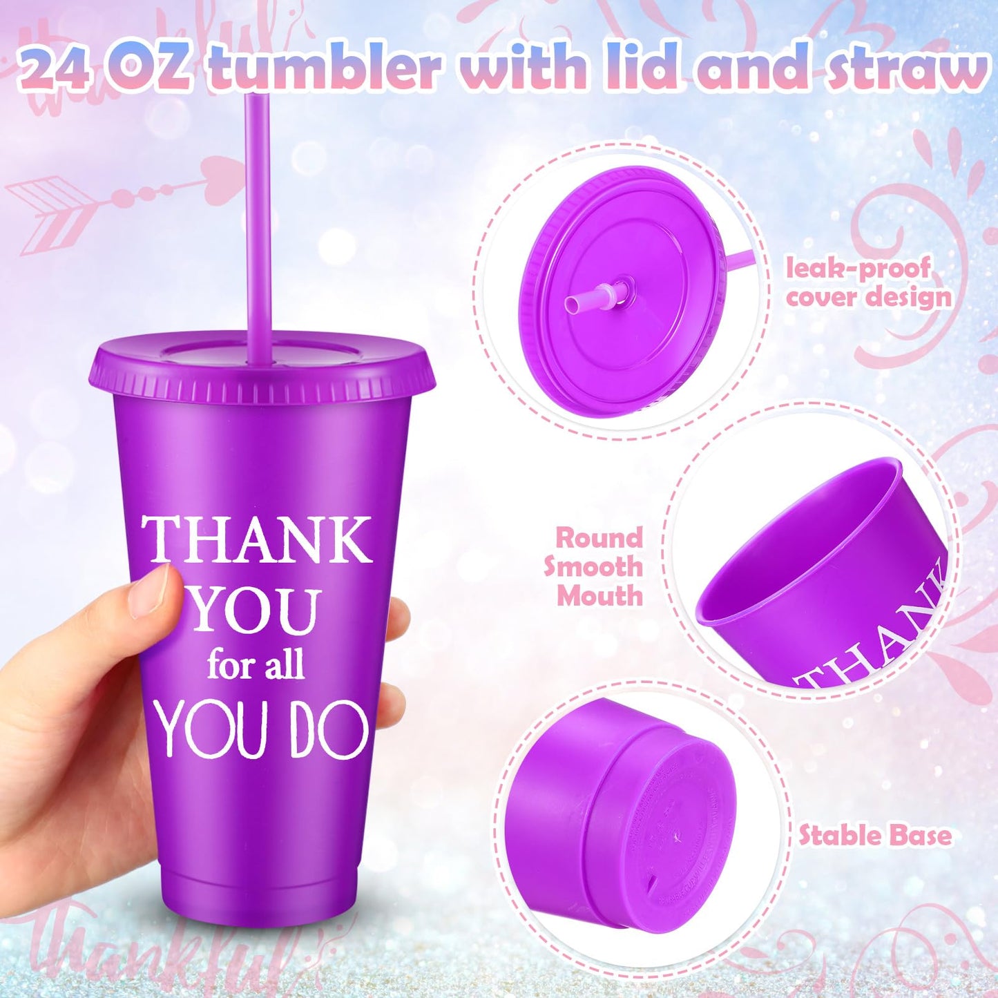 Funnymoom 50 Pcs Employee Appreciation Gift for Women 24 oz Thank You Plastic Tumbler with Inspirational Notepads Ballpoint Pens Makeup Bag Keychain Professional Gifts for Coworker Holiday