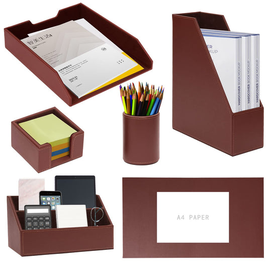 XNONE Office Supplies PU Leather 6-Piece Desk Organizer with Writing Pad, Letter Tray, File Folder Sorter, Pen Cup, Note Holder, Business Card Holder - Brown