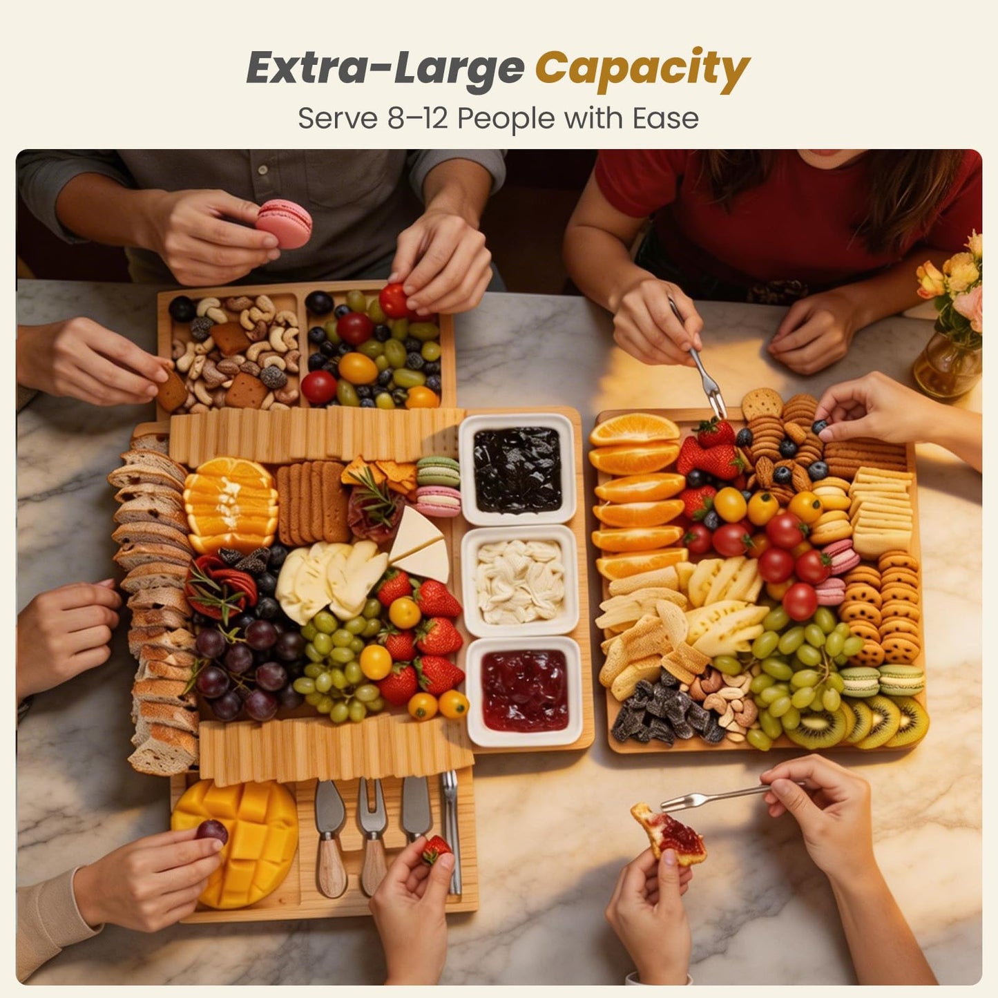 Large Charcuterie Board Set with Knife Set, 12.6" × 11.2" Square Fruit Tray, Bamboo Cheese Platter (Double-Drawer), Great for Group Gatherings, House Warming Gifts New Home, Birthday Gifts for Women