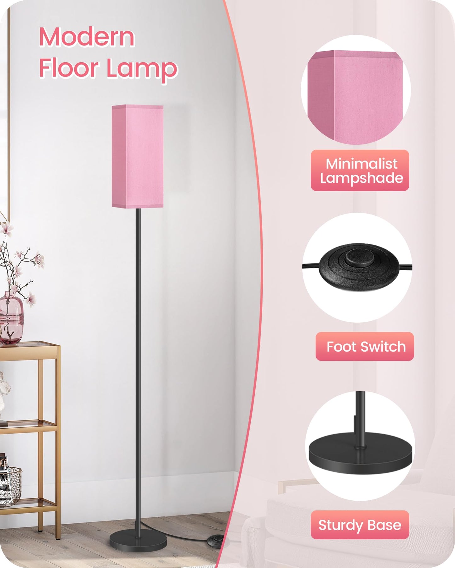 GOEBLESON Set of 2 Floor Lamps for Living Room, Modern Tall Standing Lamps with Foot Switches, Bulb Not Included, 64.6'', for Living Room, Bedroom, Study, Kids Room, Pink and Black P07LDP205W1