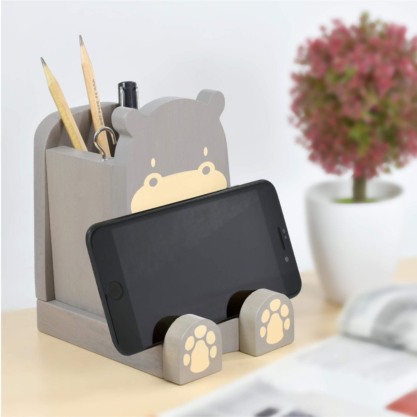 I'm Wood Multipurpose Eyeglass Phone Pen & Pencil Holder Stand Stationery Desk Box Organizer Accessories Decor Home Office Desktop Birthday Graduation Gifts “Dream Big Aim High” (Hippo)