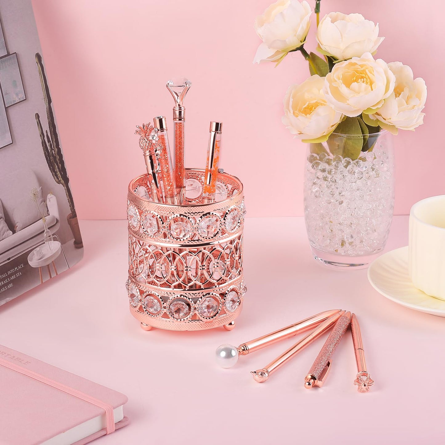 8 Pcs Rose Gold Ballpoint Pens Set, Handmade Crystal Pen Holder for Desk Black Ink Fancy Pens Liquid Sand Glitter Pens Bling Diamond Pens Gifts for Women Girls School Wedding Office Desk Supplies