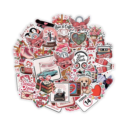 60Pcs Valentine's Day Sticker Pack – Cute Love-Themed Stickers with Hearts, Roses, Bears, Candy, Music, and Sweet Quotes – Perfect for Scrapbooking, Journaling, Gifts, and Valentine's Decorations
