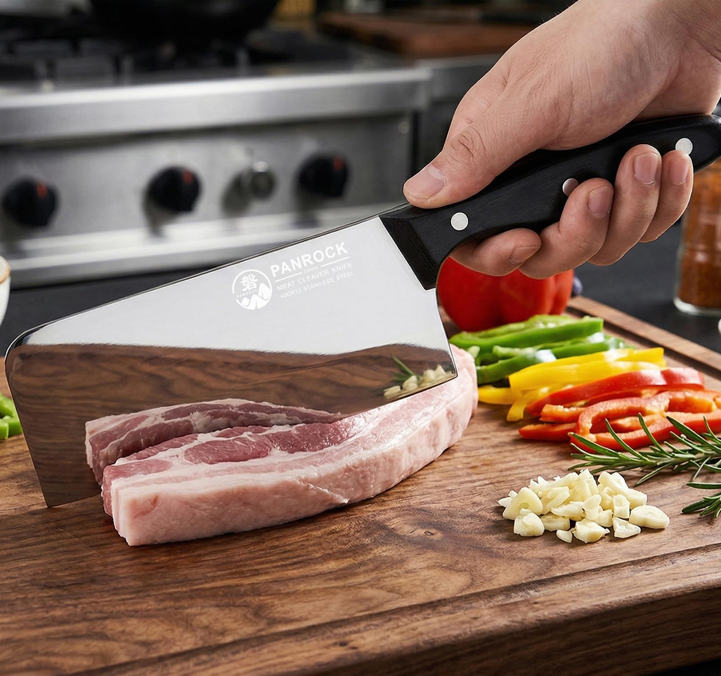PANROCK Chinese Cleaver Knife 7 Inch, Meat Knife Ultra Sharp Lightweight for Kitchen - High Carbon Steel Blade with Mirror Finish No Stain, Anti-Slip Ergonomic Handle in Gift Box