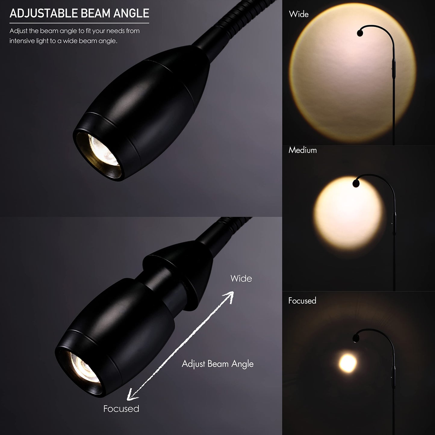 O’Bright Ray – Adjustable LED Beam Floor Lamp, Dimmable and Zoomable Spotlight, Flexible Gooseneck, Reading/Crafting Standing Lamp, Work Table Light, Matte Black