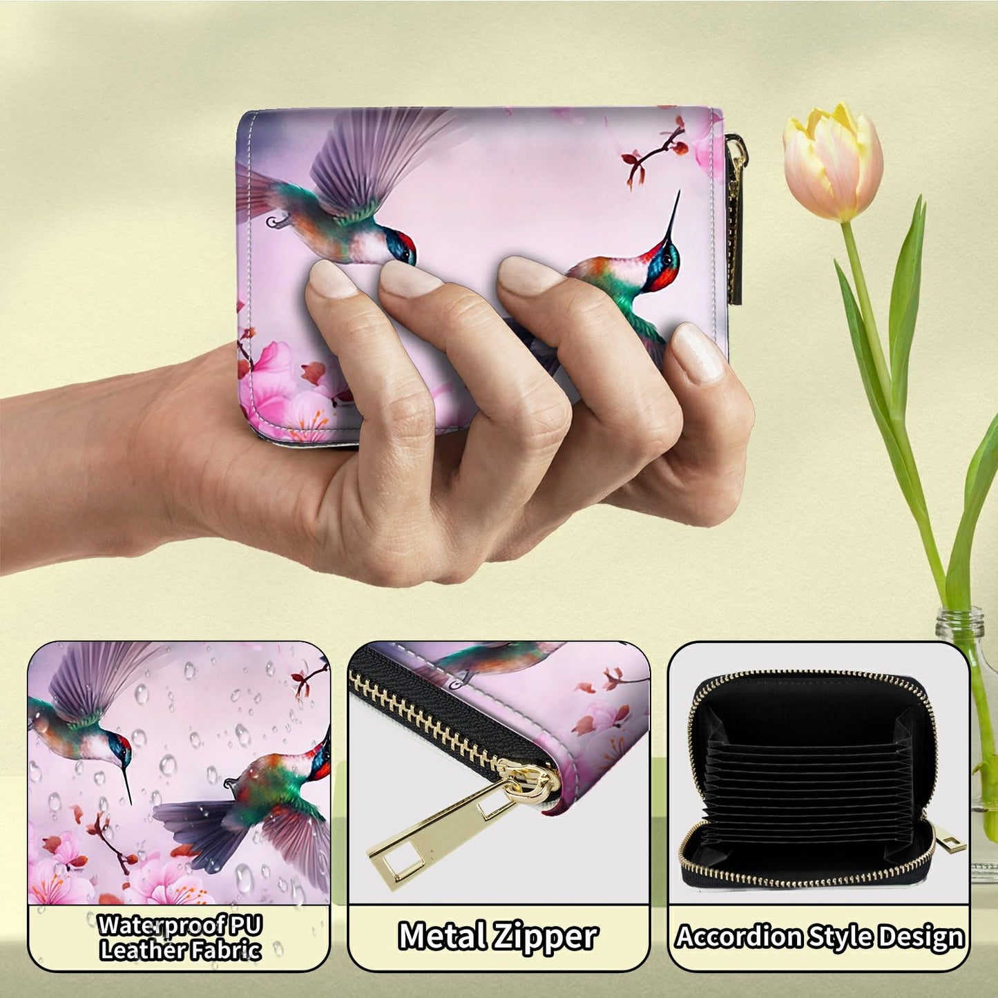 DIGTIALL Hummingbird Flower Credit Card Holder for Women with Zipper Small Credit Card Wallet PU Leather RFID Blocking Wallet Card Organizer Wallets Accordion Wallets Gift for Women or Men