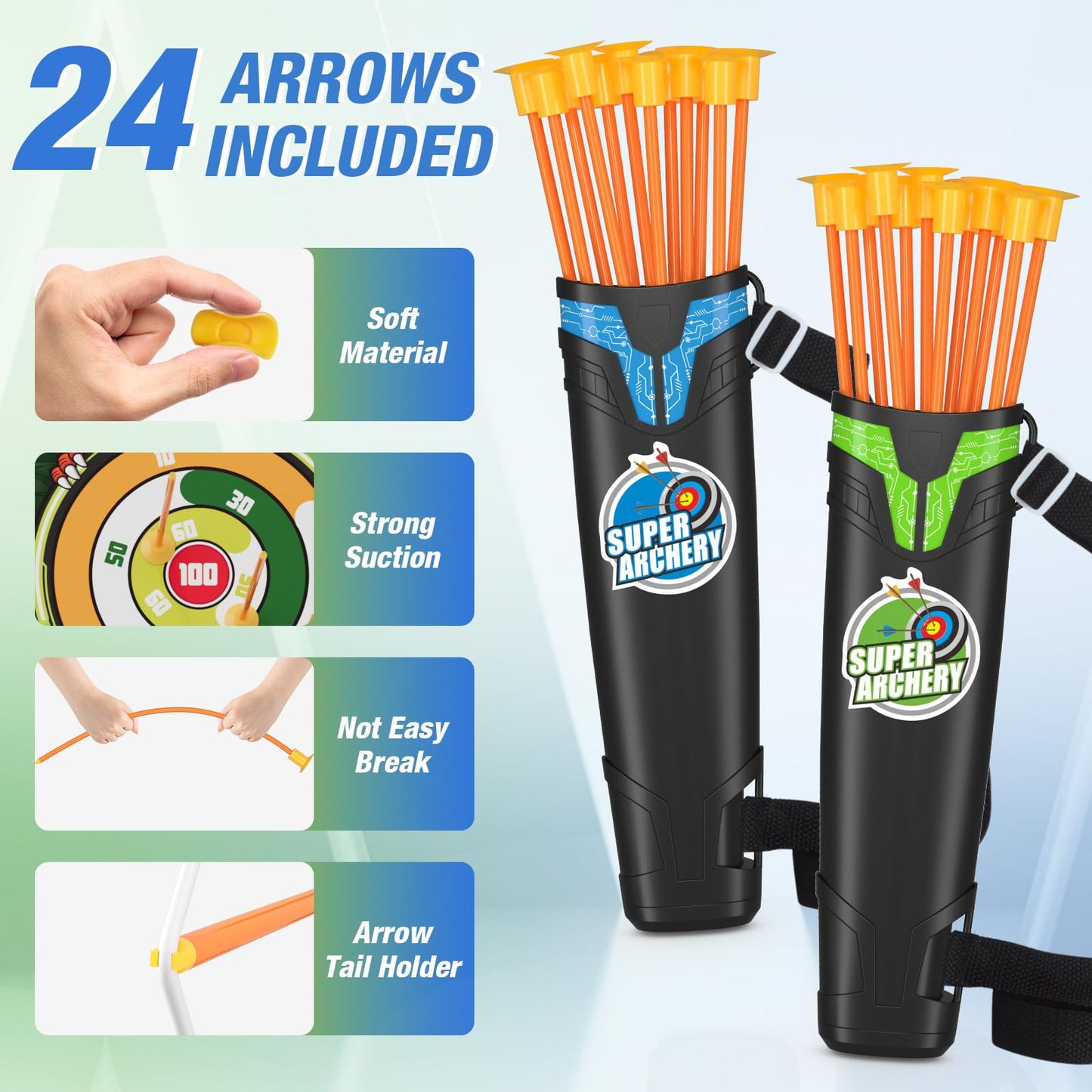 HYES 2 Pack Bow and Arrow for Kids, LED Light Up Archery Set with 24 Suction Cup Arrows, 1 Standing Target, 6 Score Targets & 2 Quiver, Indoor Outdoor Sport Gifts for Boys Girls Ages 4-8
