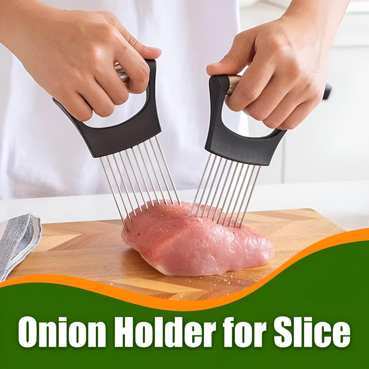 UNIQUEPLUS stainless steel onion slice holder onion slicer and chopper,finger guards for cutting food,finger protector for cutting food 2025 Premium Onion Slicer with finger holder & bread knife