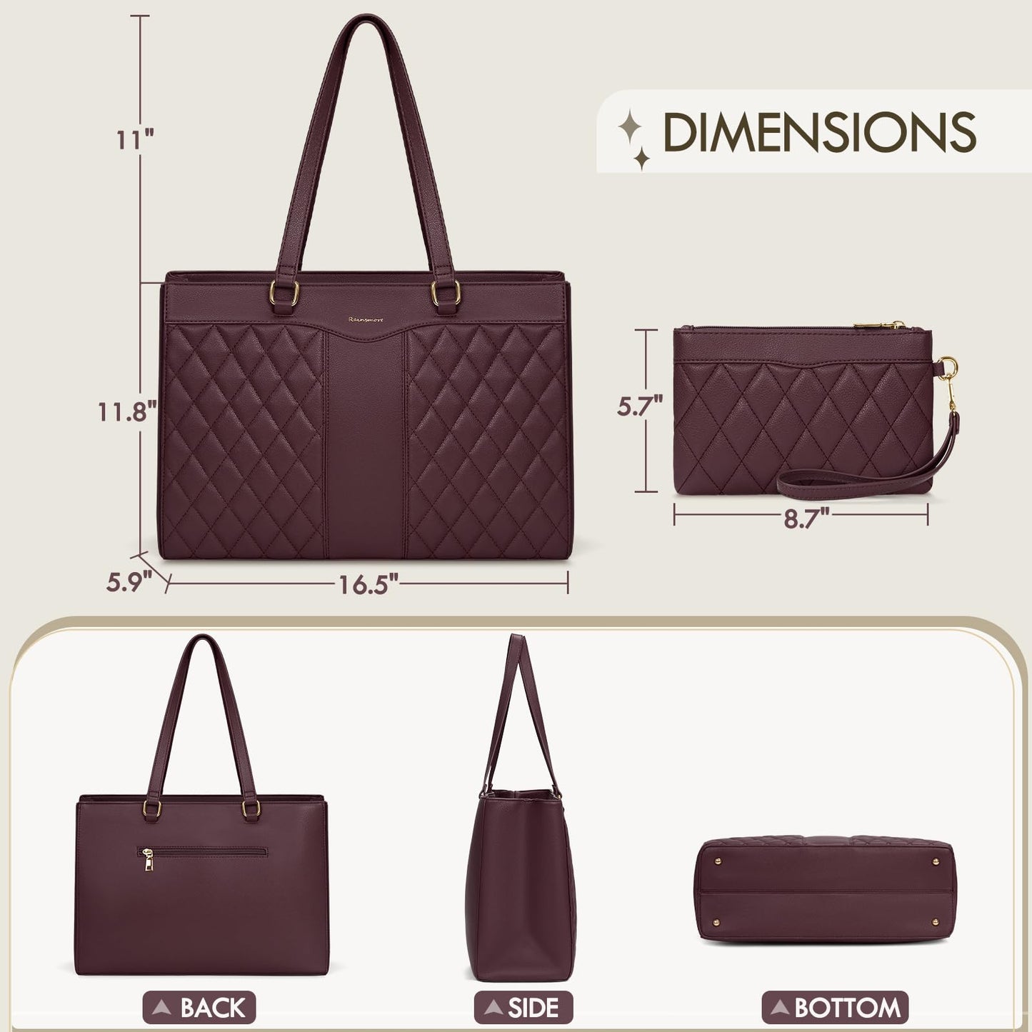RAINSMORE Laptop Bag for Women 15.6 Inch Work Tote Bags Leather Laptop Tote Professional Laptop Purse Computer Handbag Womens Briefcase Tote with Clutch for Teacher Office Travel, Dark Purple
