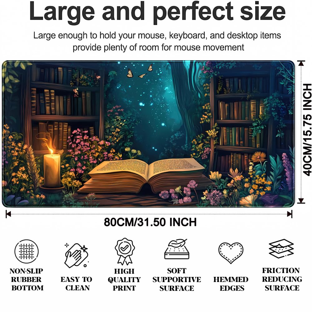 Gothic Desk Mat Gaming Desk Pad Blue Forest Large Mouse Pad, Mysterious Library Mouse Mat XXL Laptop Keyboard Pad, Vintage Gamer Mouse Pad Full Mousepads for School Office Home 31.5"x15.7"