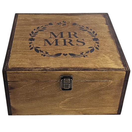 BeeGreeny Large Mr and Mrs Wooden Wedding Keepsake Box for Couples, 10"x10"x5" Wooden Memory Box with Lid, Wedding Gift Box for Bride and Groom, Bridal Shower, Anniversary Valentines Gift Ideas