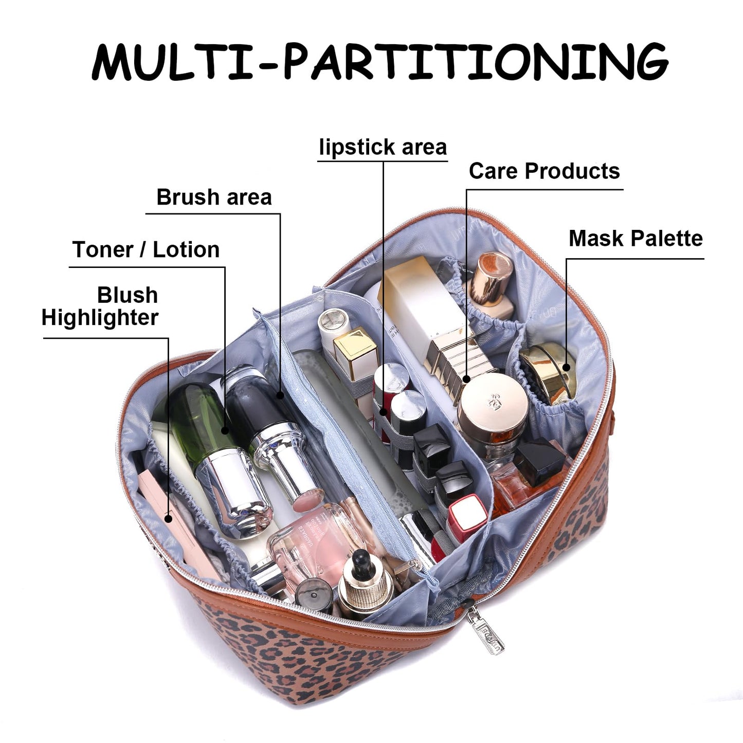 BOYATU Travel Makeup Bag for Women: 3-in-1 Modular Leopard Print Cosmetic Bag Set for 3-15 Day Trips - Waterproof Vegan Leather Toiletry Bag - Perfect for Party/Festival/Night Out - Gift Box - Brown