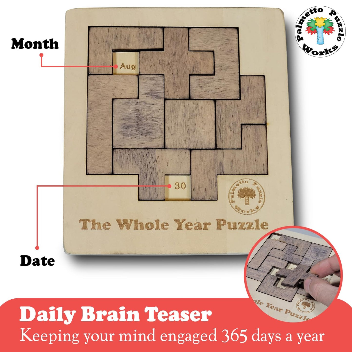 Palmetto Puzzle Works The Whole Year Puzzle – Wooden Puzzles for Teen' & Adults, Educational Games for Families & Gift Ideas for Classroom Games, Shape & Pattern Calendar Brain Teaser for Ages 14+