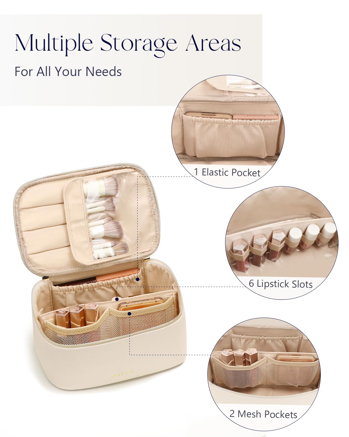 Prite Makeup Bag, Large Capacity Portable Travel Cosmetic Bag, Waterproof Makeup Organizer for Women with Handle and Divider (001 Beige)