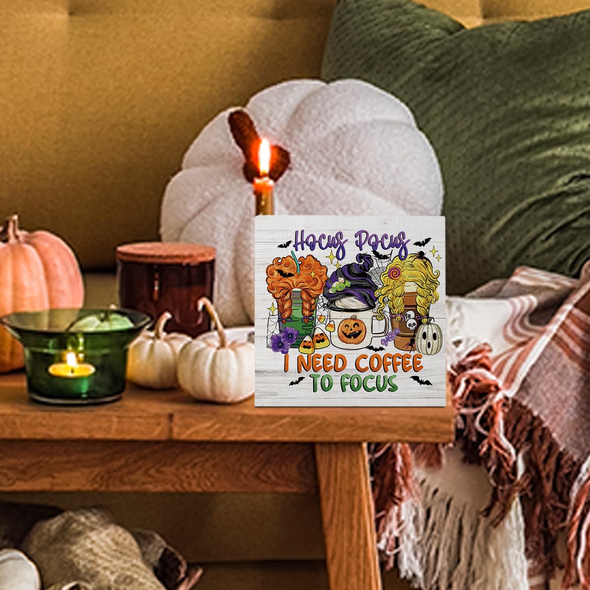 Halloween Coffee Decor Gifts for Women Sister Hocus Pocus Halloween Wood Decorations Sign for Home Farmhouse Office Bathroom Desk Shelf 5 x 5 Inches