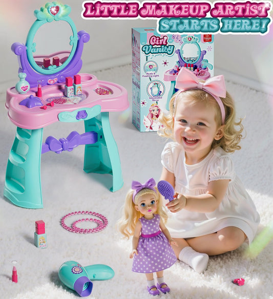 Lehoo Castle Kids Vanity Table and Chair Set with Mirror Light Music, Toddler Girls Makeup Table with Stool ＆ Hair Dryer, Pretend Play Princess Dress Up Vanity Set, Birthday Gifts for 3 Year Old Girl