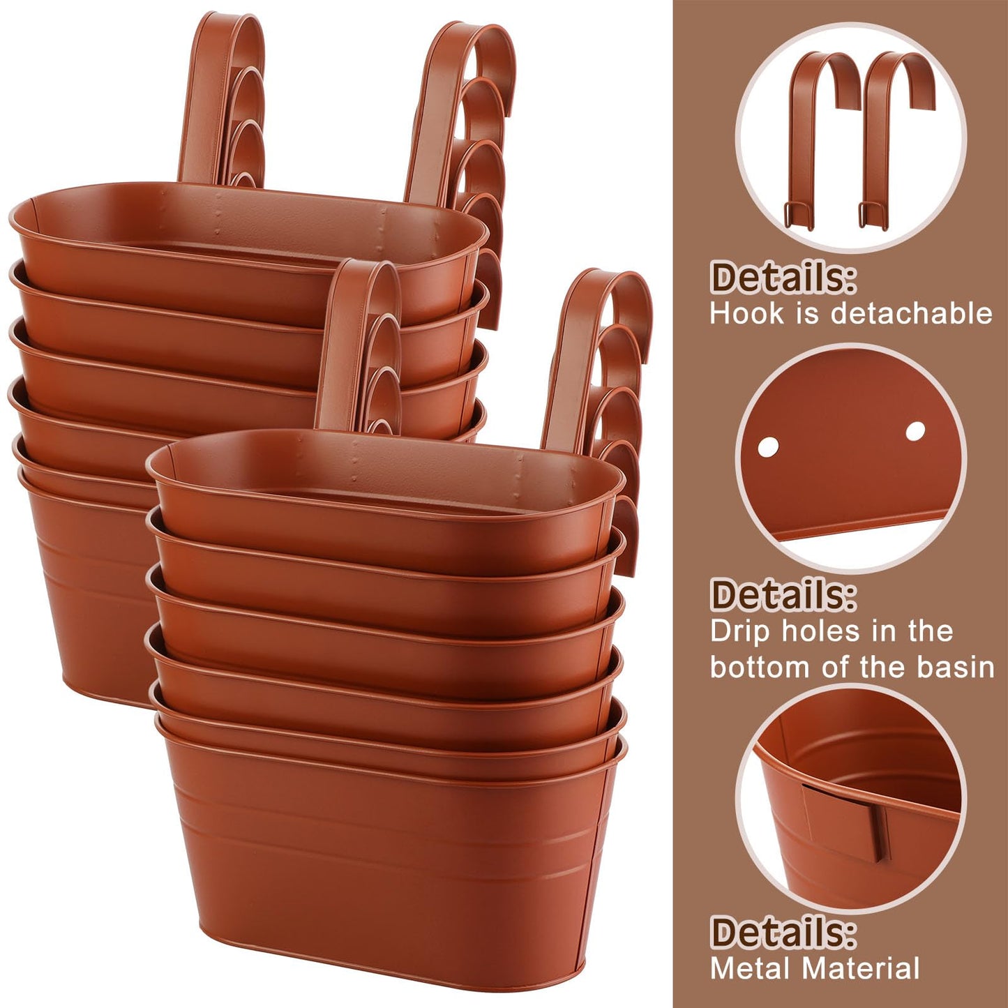 Hicarer 12 Pcs Metal Hanging Flower Pots for Railing Fence, 10.6 Inch Hanging Rail Planters for Outdoor Window Balcony Plants Holder with Hooks for Garden Yard Home Decor (Brown)