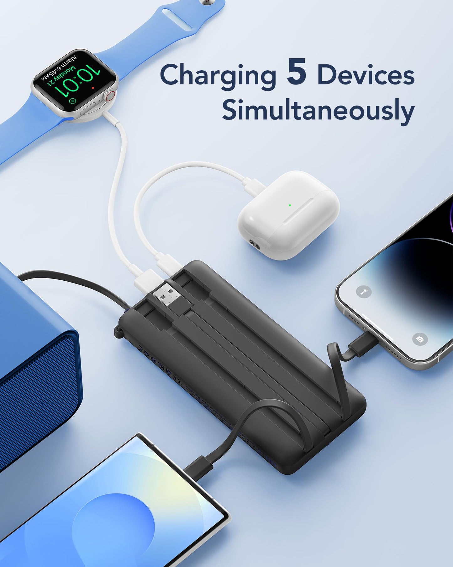 VRURC Portable Charger with Built in Cables, Slim Power Bank 10000mAh, USB C Travel Battery Pack, 5 Output 2 Input External Charging Bank for iPhone 17 16 15 14 13,Samsung,Android-Black(1 Pack)