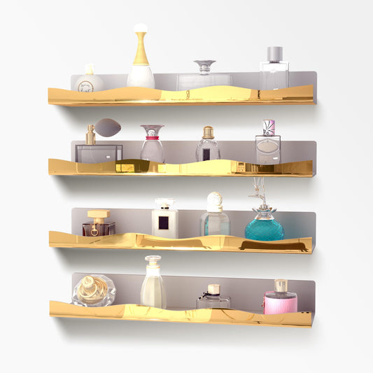 YMVV 15.7 in Large Golden Reflective Acrylic Mounted Floating Shelf, Perfume Organizer Shelf, Modern Bathroom Storage Toy Display Organizer Decor 4 Pack