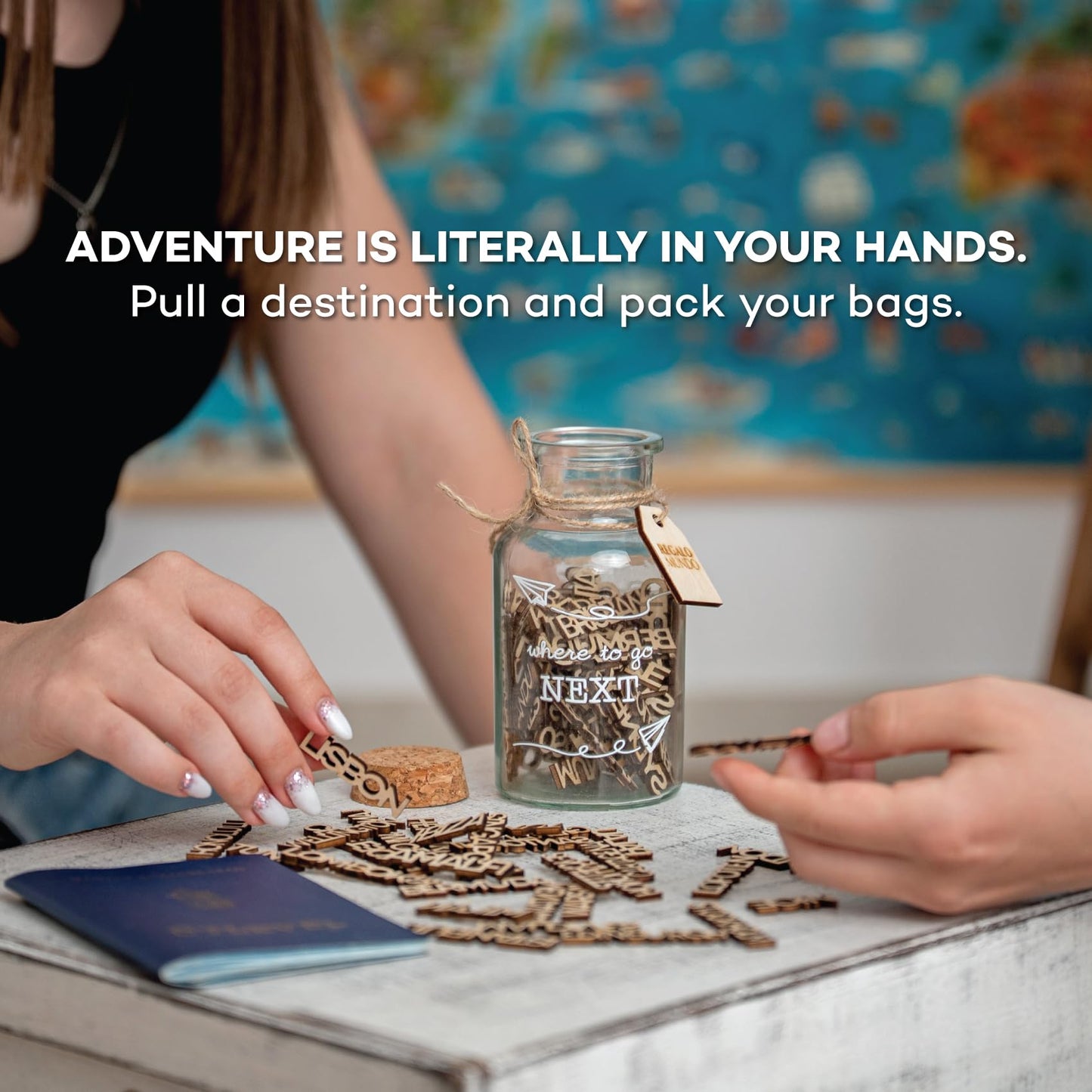 Where to Go Next – Travel Destination Jar | Eco-Friendly Travel Gift for Travelers, Couples & Adventurers | 100 Wooden Carved Places to Visit