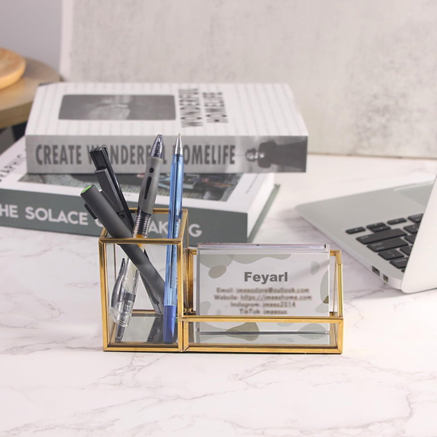 Feyarl Gold Glass Business Card Holder Pen Pencil Holder Desktop Business Name Card Office Accessory Display Stand Organizer Case for Office Desktop Meeting Countertop