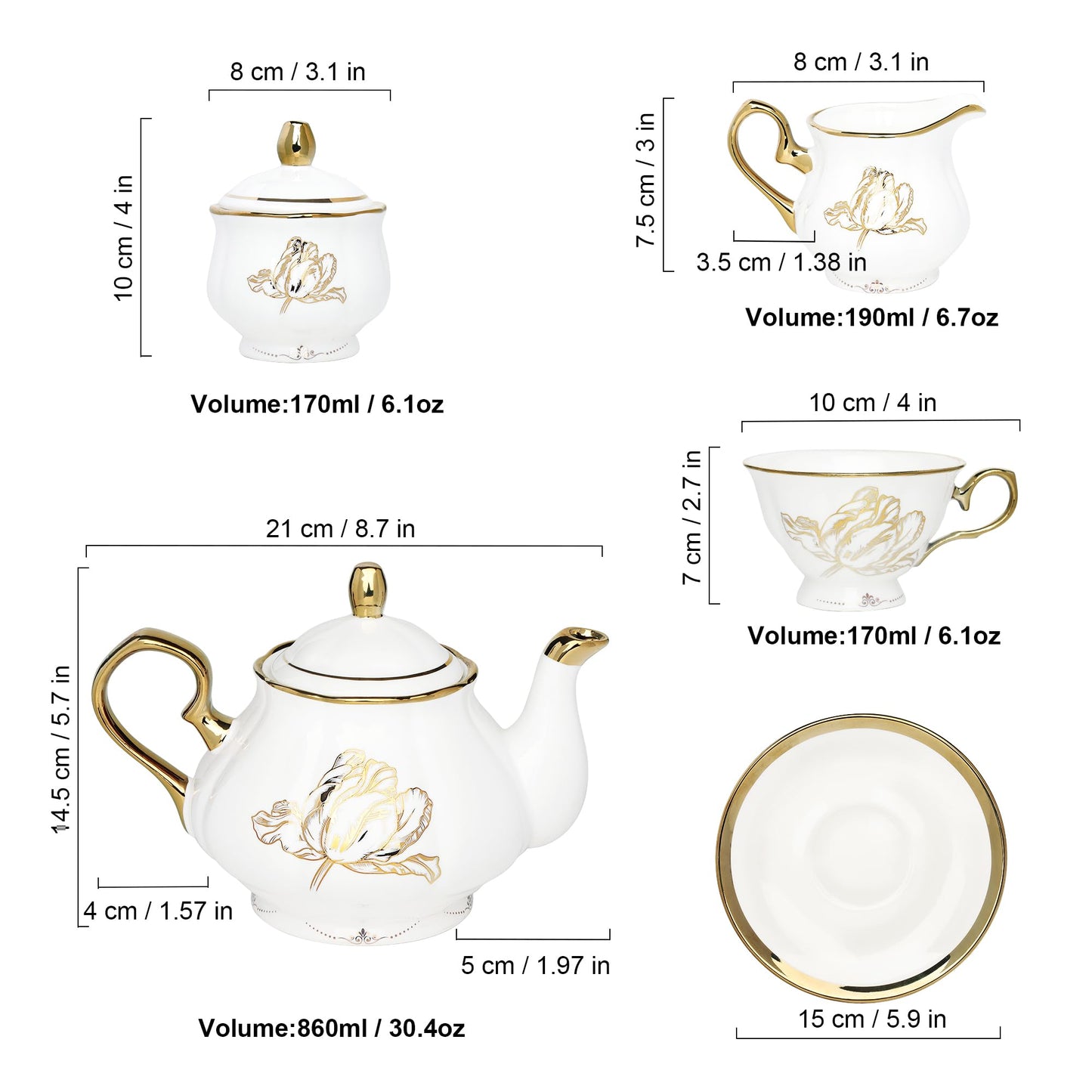 fanquare British Porcelain Tea Coffee Set 22 Piece New Bone China Gold Tulip Tea Service for Afternoon Tea, 6 TeaCup and Saucers with Metal Holder for Home Wedding Birthday