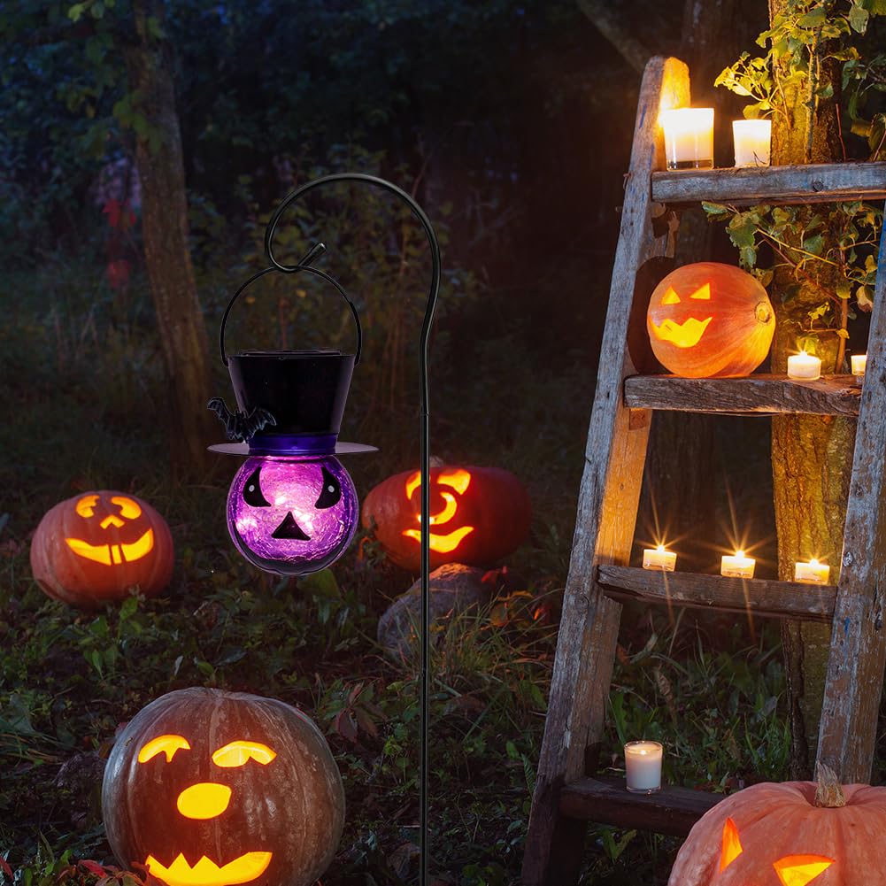 STARSOUL Halloween Solar Lanterns Purple Ghost and Bat, Hanging Solar Halloween Decorations, Halloween Solar Lights for Outdoor Garden Patio, Gifts for Women Grandma (with Shepherd Hook)