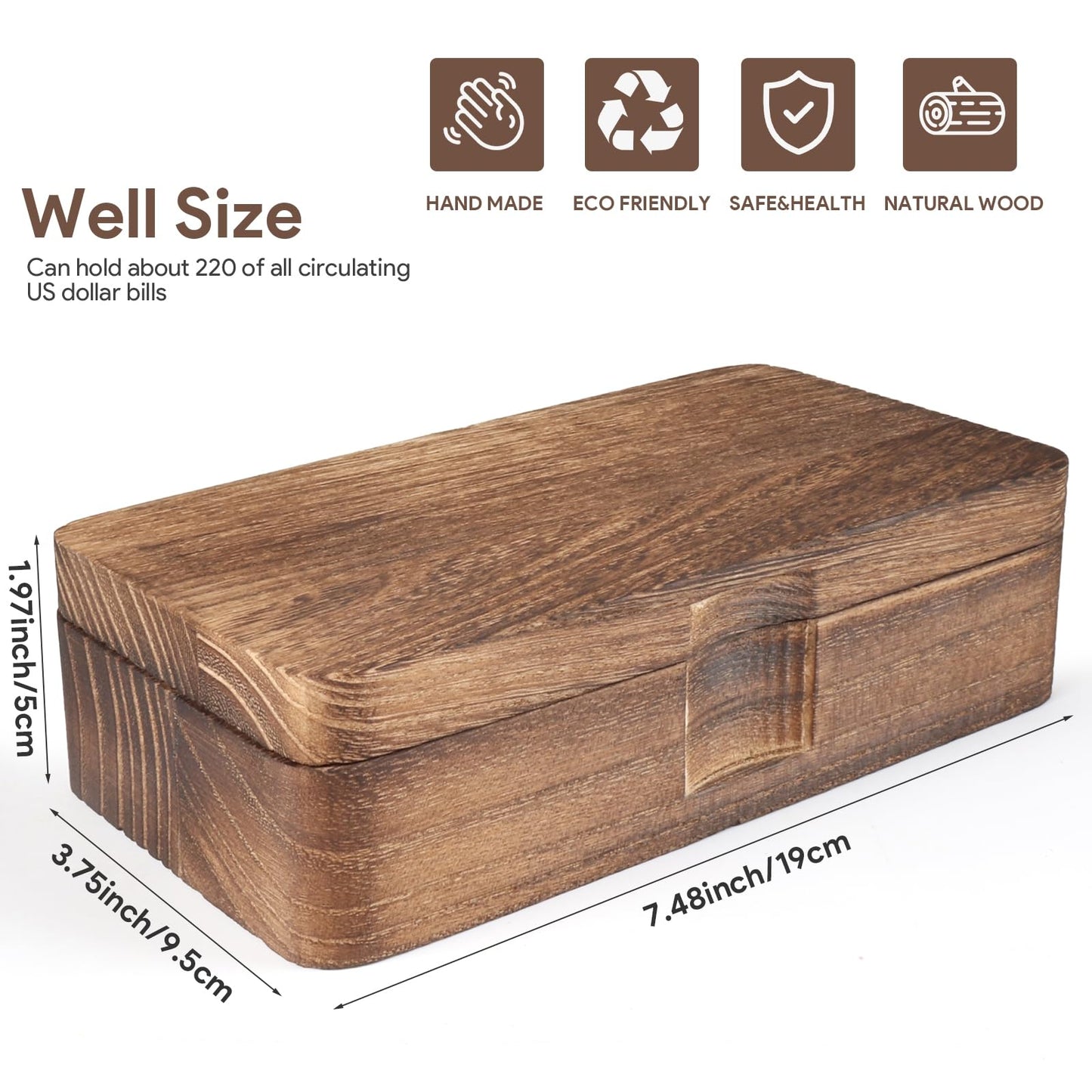 Mczxon Wooden Currency Money Cash Tray with Hinged Lid and Magnetic Closure, Vintage Single Compartment Cash Case Bank Organiser Storage Money Bill Currency Box Holder Container Moneyboxes