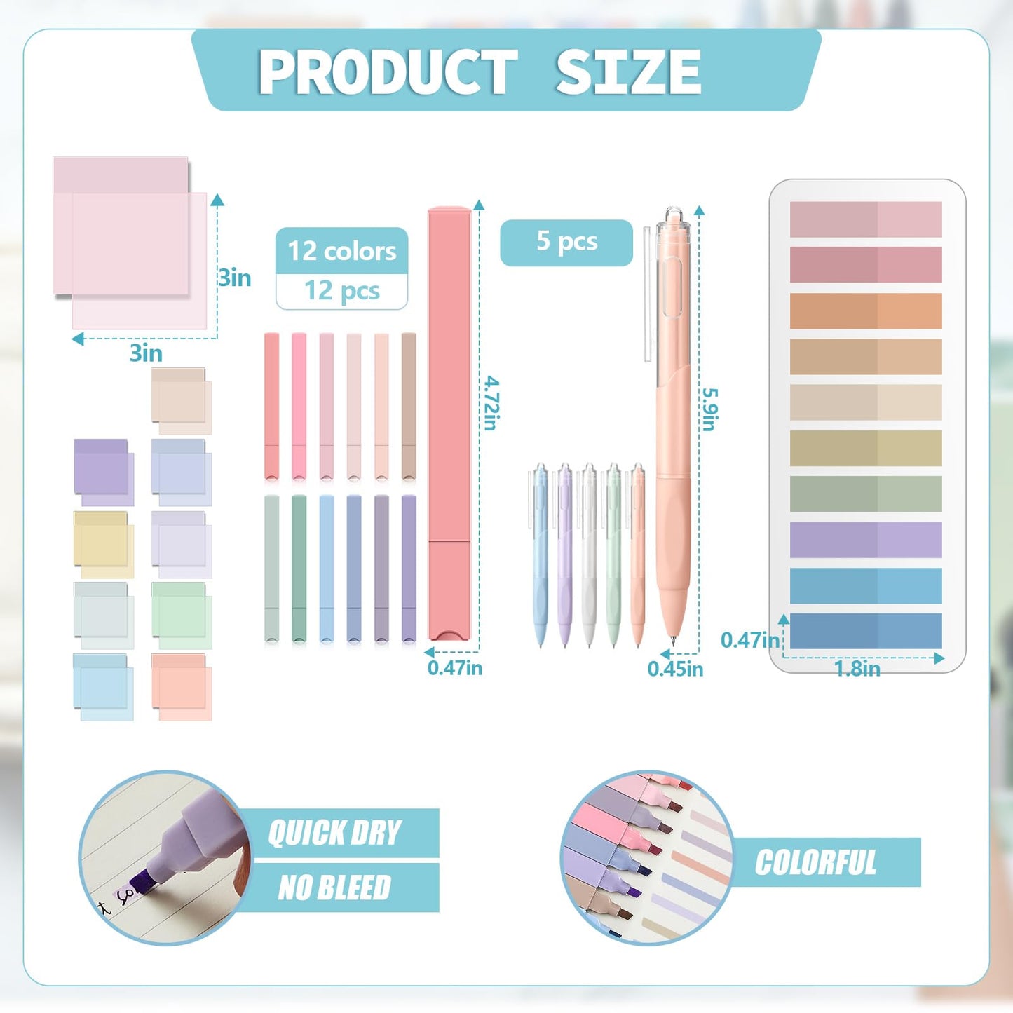 Jutom 39 Pcs Aesthetic Book Annotation Kit Highlighter with Pencil Case Bag Gel Pen Transparent Sticky Note Taking Bible Study College School Supplies(Black,Classic Style)
