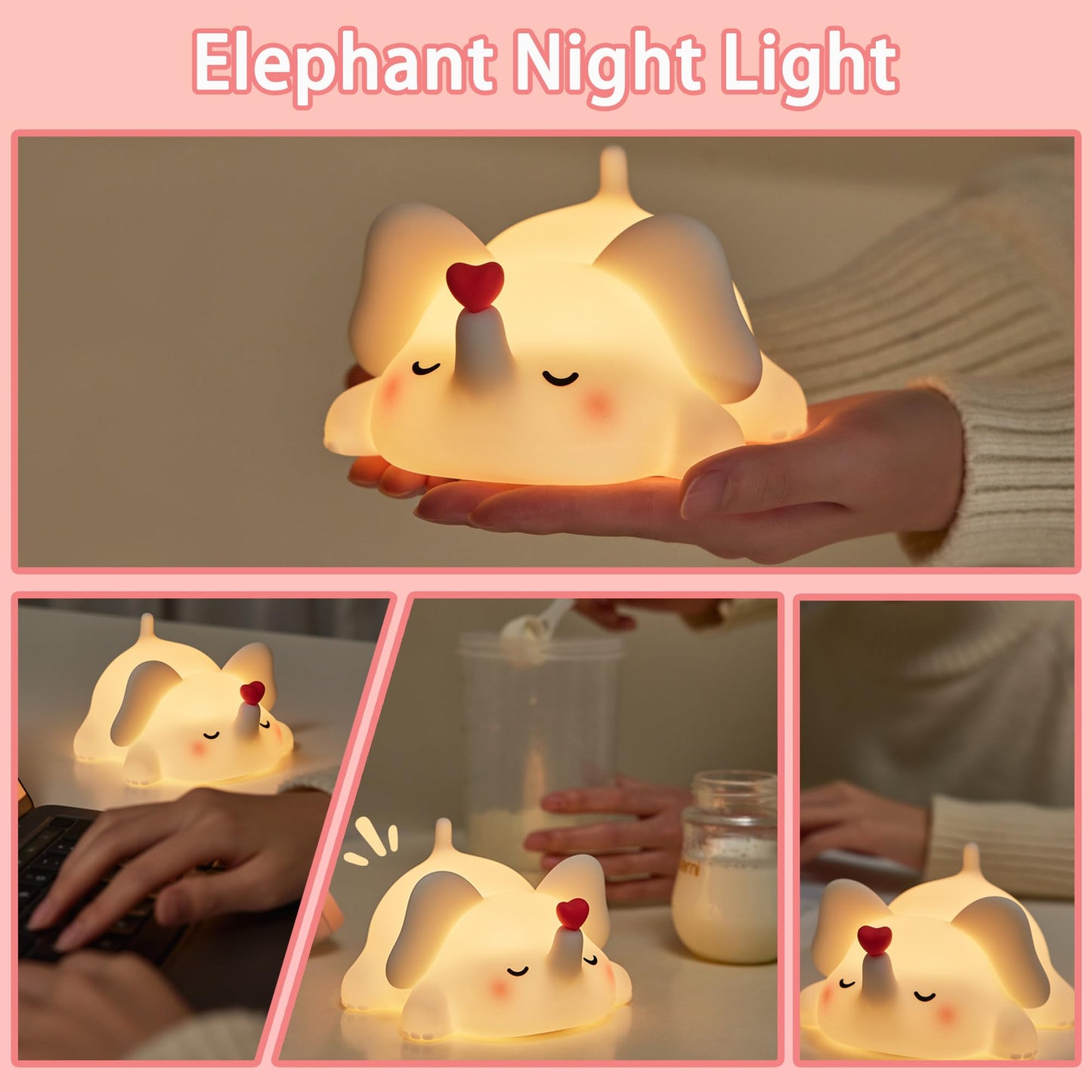 mydtiz Silicone Elephant Night Light for Kids Room Dimmable Rechargeable Nursery Animal Nightlight Gifts for Women Girls Boys Room Decor 3 Level Brightness Toddler Bedroom Bedside Touch Lamp