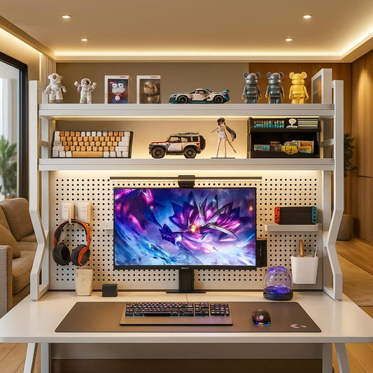 Desktop Hutch Bookshelf,Many Gifts,Metal Desktop Bookcase with pegboard, Desk Shelf, Countertop Storage Organizer Rack for Dorm or Office,Desktop Shelves (White, 37.4" Lx9.9 Wx39 H)