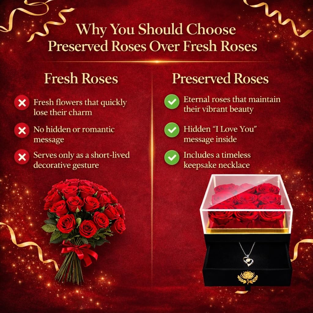 Eterno Bel Fiore Luxury Preserved Roses - I Love You Necklace - Velvet Box with Drawer - Luxury Gift for Valentines Day Birthdays Mother's Day Anniversaries - Wife Mom Girlfriend Sister