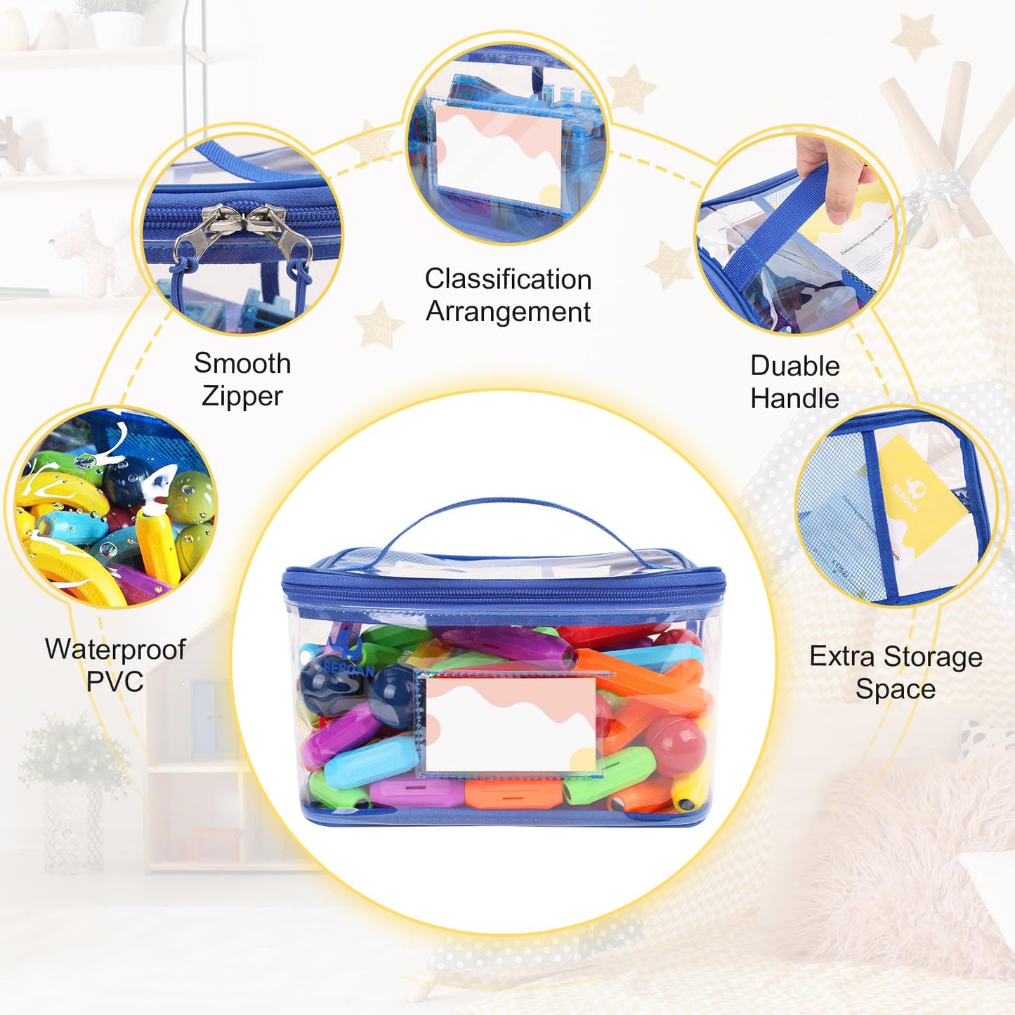 BEBOAN 6 Packs Storage Bags Organizer Jewelry Clothing Storage for Family Members, Travel Waterproof Container for Clutter and Other Little Items, Reusable Clear PVC Organizing Case Bags Blue