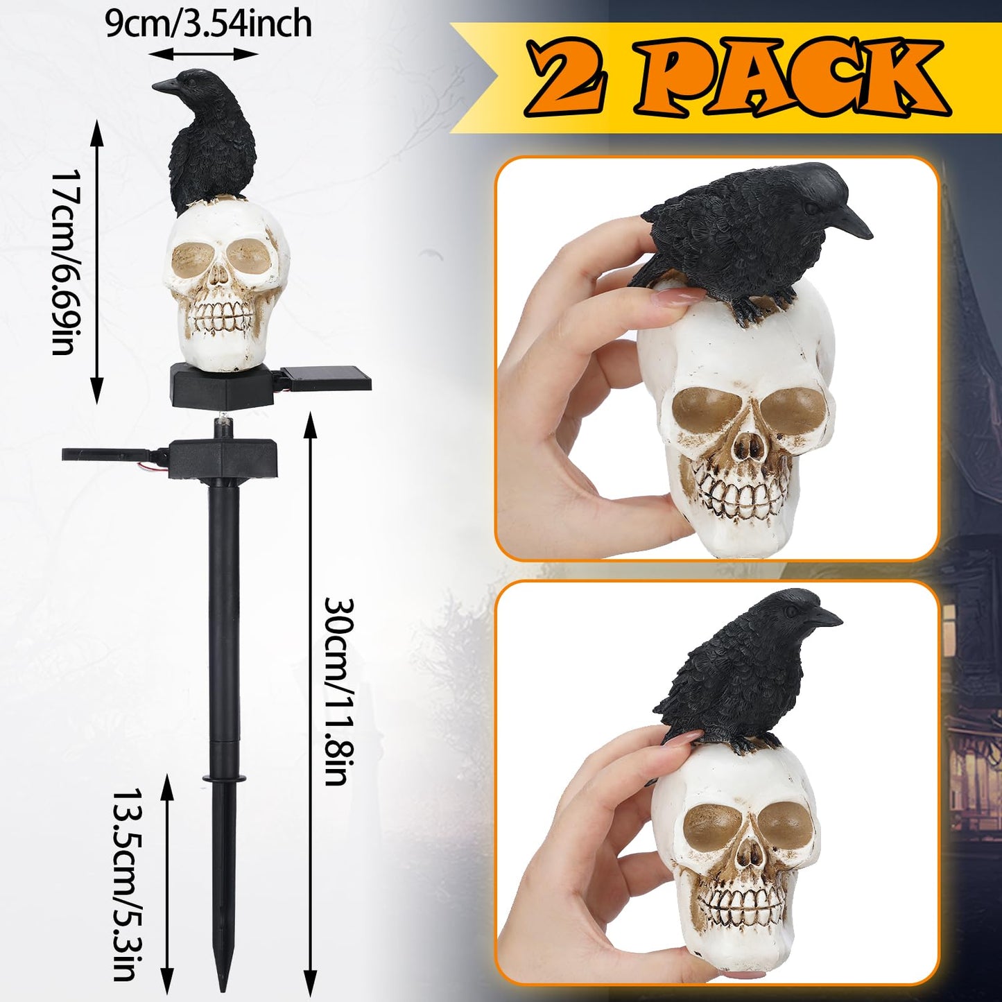 Retisee 2 Pcs Halloween Garden Decor Solar Skull Lights with Black Crow on Skull Waterproof Solar Skeleton Lights Outdoor LED Light up Skeletons Halloween Outdoor Decor for Garden Pathway Lawn Yard