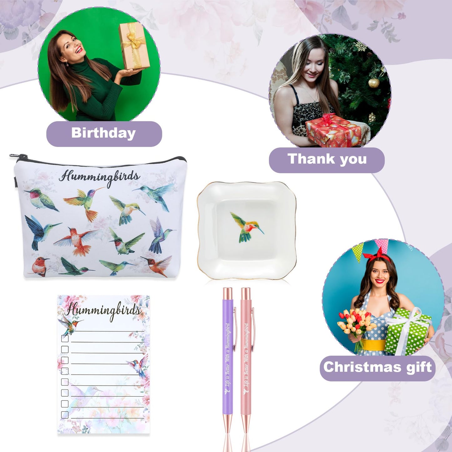 Dansydaisy 4 Pcs Hummingbird Valentine's Day Women Gifts Include Ring Dishes, Ballpoint Pen, Sticky Notes to Do List, Makeup Bag, for Wife Sister Best Friend, for Birthday Christmas Gifts