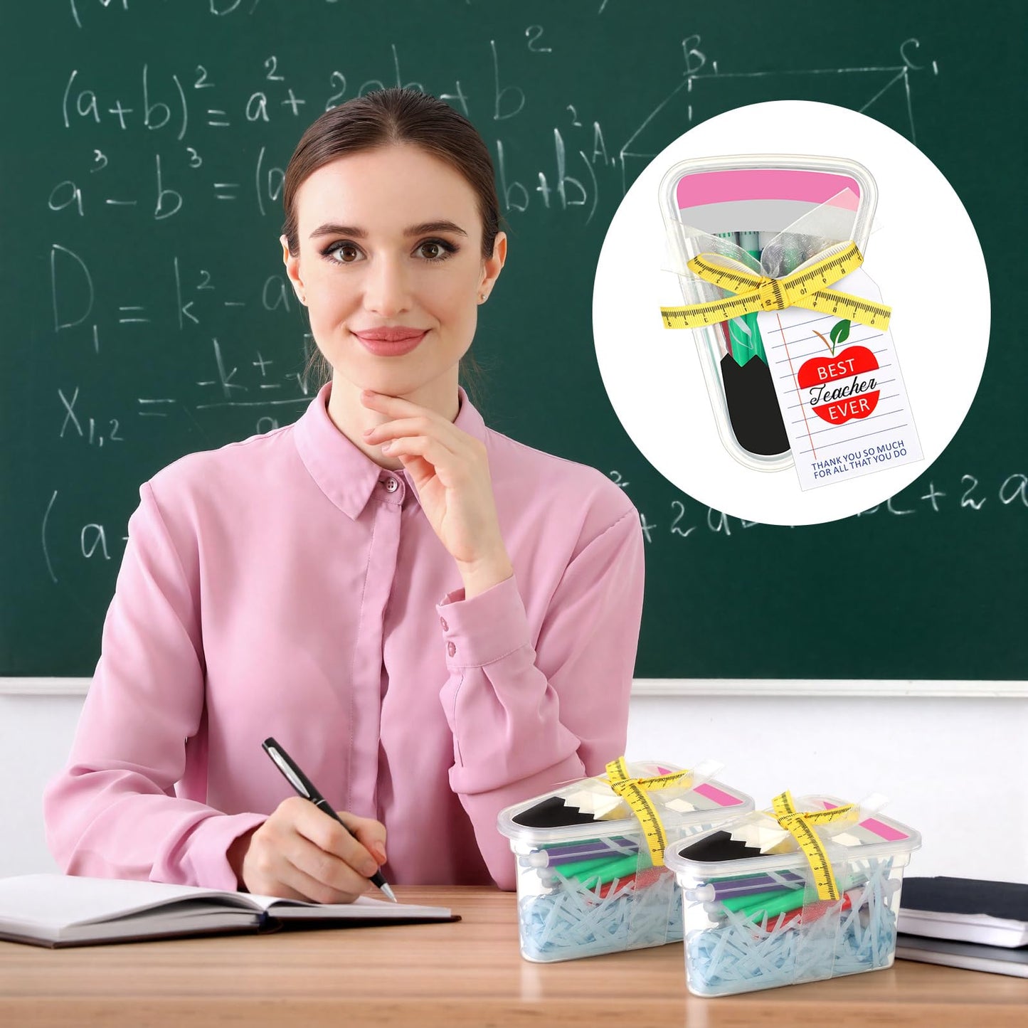 Tinlade 12 Set DIY Pencil Container Appreciation Teacher Gifts with Apple Cards Ruler Ribbon Back to School Plastic Treat Boxes for Teachers Thank You Gifts for Classroom School Party Favors