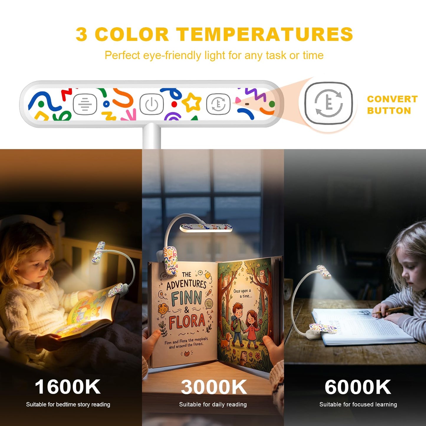 Hoxutym Rechargeable Kids Book Light 25 LEDs - Reading Light for Kids, Eye Caring 3 Colors & 5 Brightness Levels, Extended 1200mAh Battery, Gifts for Kids & Book Lovers (White Doodle)