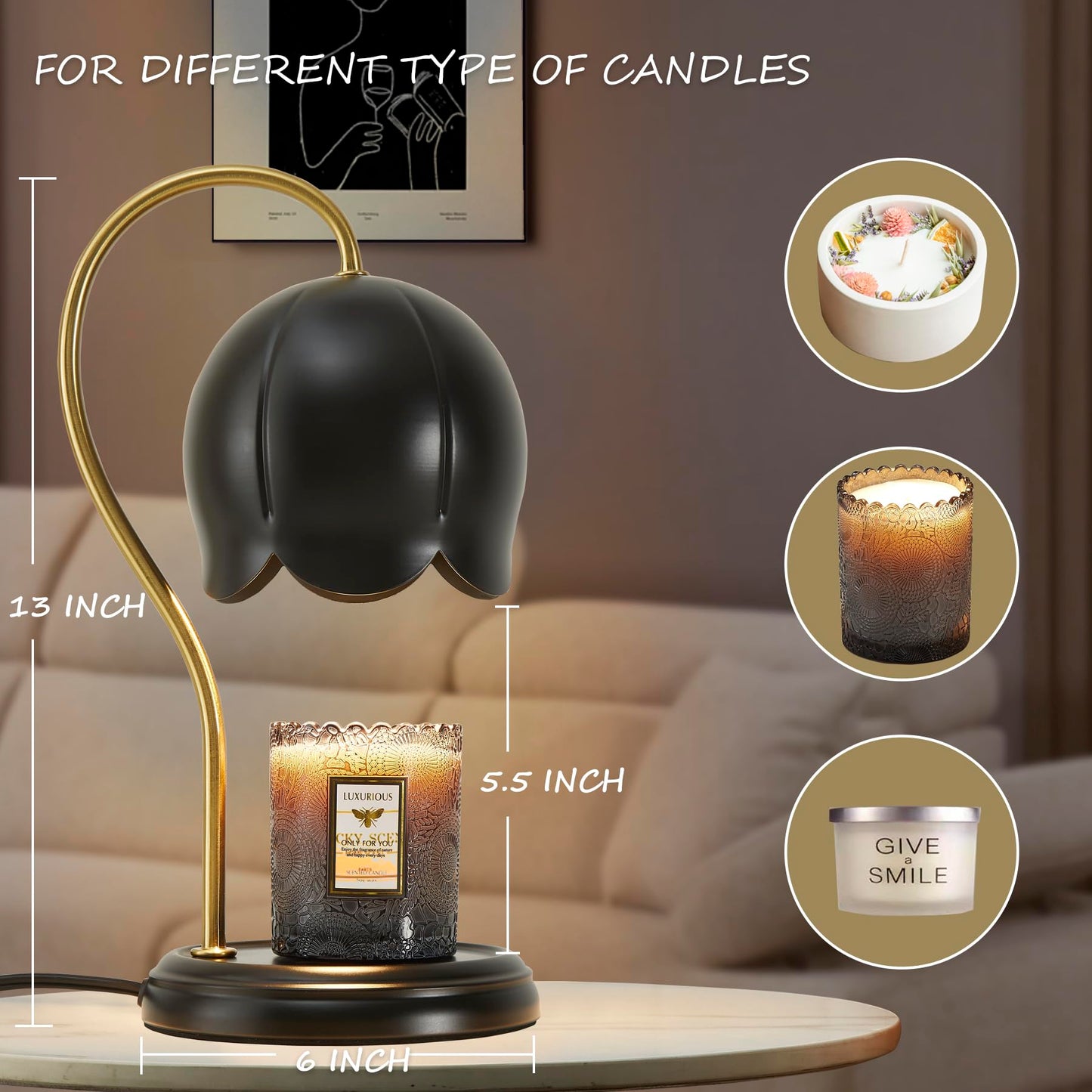 Black Gold Flower Candle Warmer Lamp with Timer Dimmable, Office Decor Elegant Bedroom Scented Wax Light, Christmas Birthday Gifts for Women Man, Large Table Candles Burner