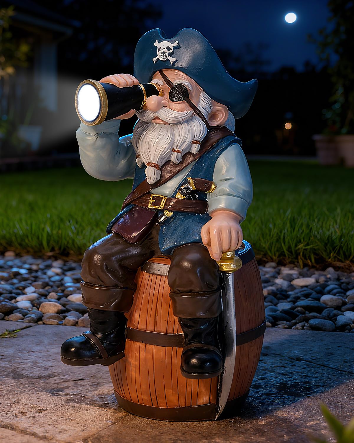 GaloTrek Solar Garden Gnome Statues Funny Resin Pirate Gnome Decorations Sitting on Wine Barrel Outdoor Figurines for Yard Patio Mom Gift