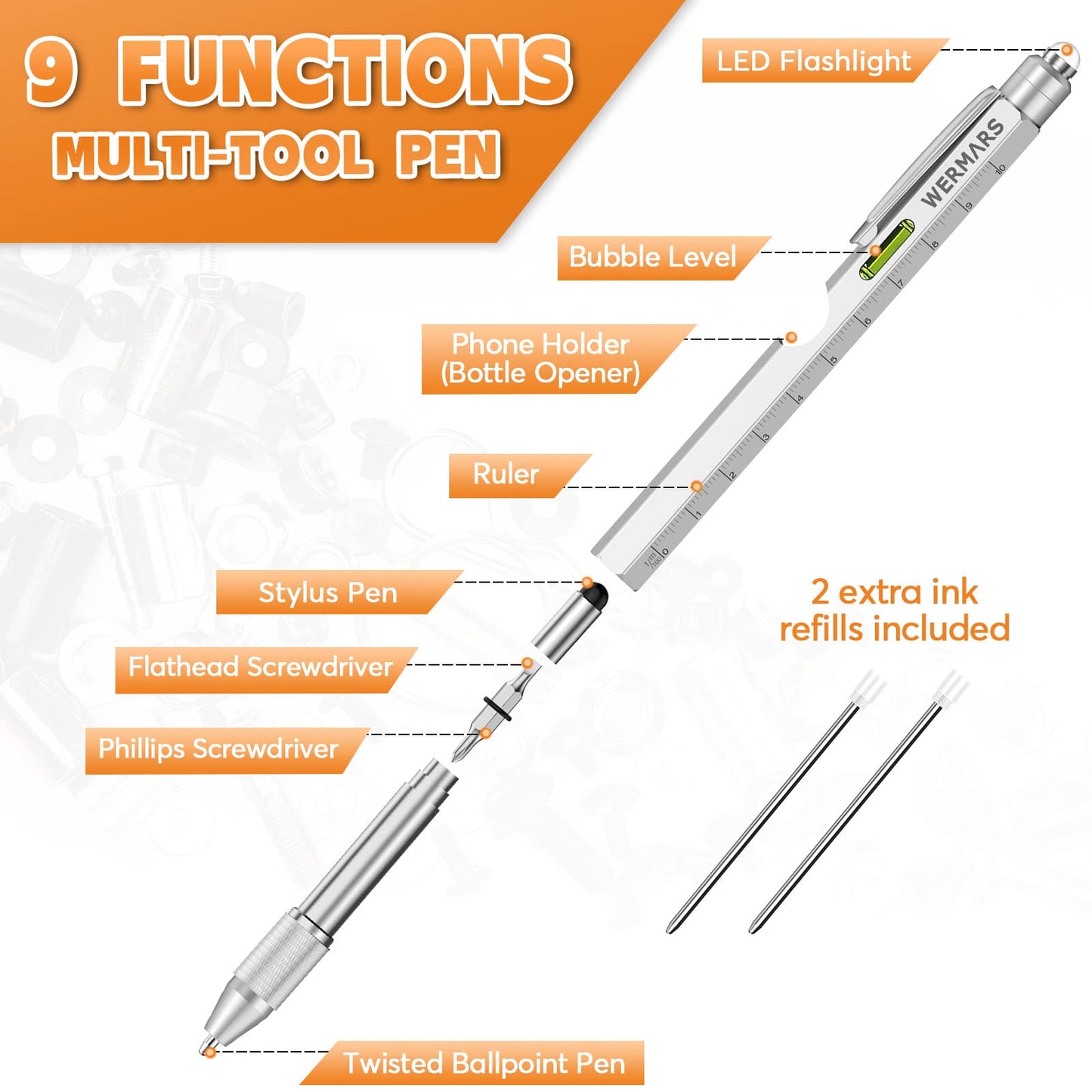 Fathers Day Men Gifts for Him, 9 in 1 Multitool Pen, Birthday Gift for Men Who Have Everything,Fathers Day Dad Gifts for Husband Grandpa Boyfriend,Fathers Day Gift from Daughter (Silver)