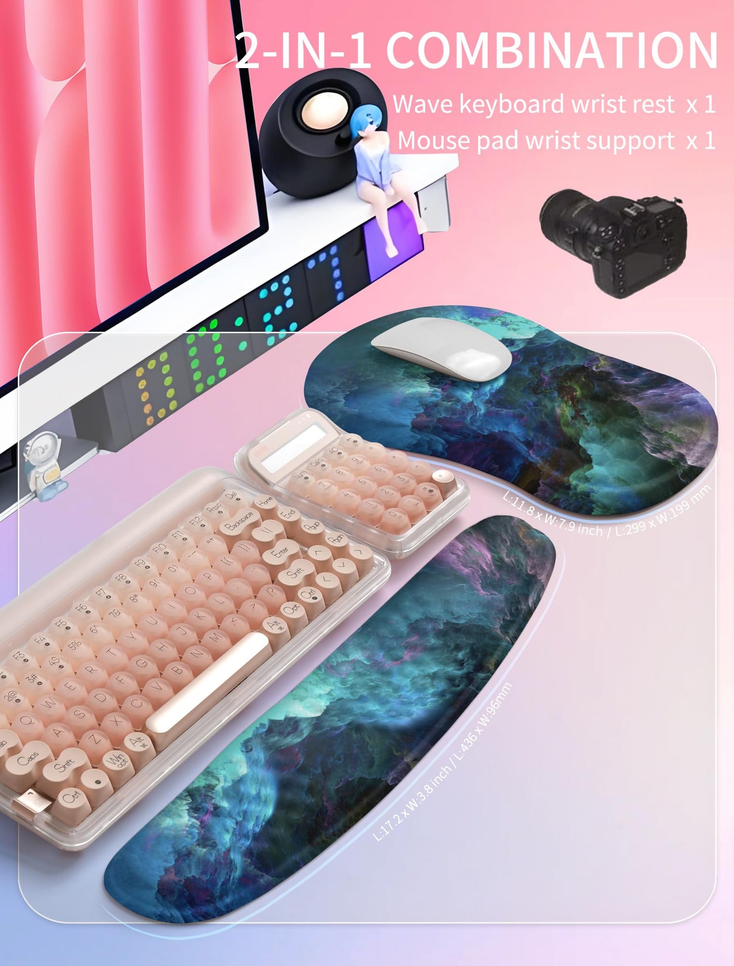 Hokafenle 2in1 Combination, Wave Keyboard Wrist Rest and Ergonomic Curvature Mouse Pad Wrist Support for Relieve Wrist Pain, Filled with Soft Cushion Memory Foam, Nebula Dreamland