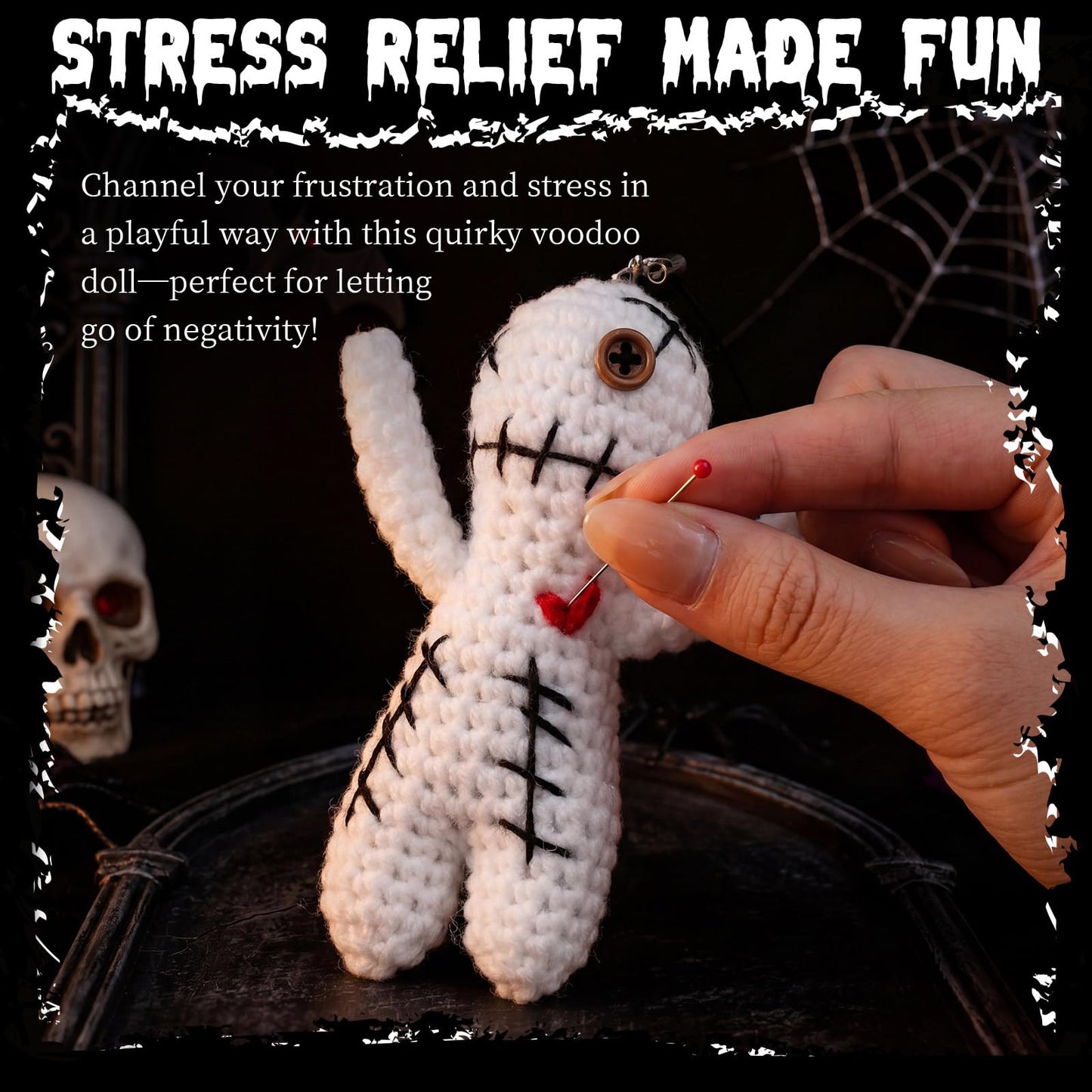 Poen 3 Pcs Voodoo Dolls Horror Doll with 30 Skull Pins, Christmas Stuffing Decoration Funny Inspirational Positive Ornaments Gifts for Friend Coworkers New Year Halloween Party Supplies (Crochet)